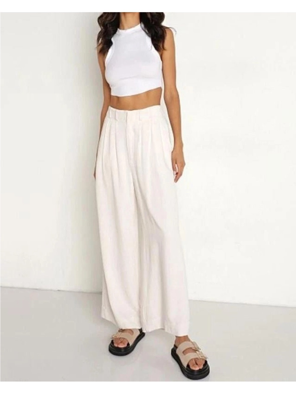 Z Supply High Rise Wide Leg Farrah Cream Elastic-Waist Pants
